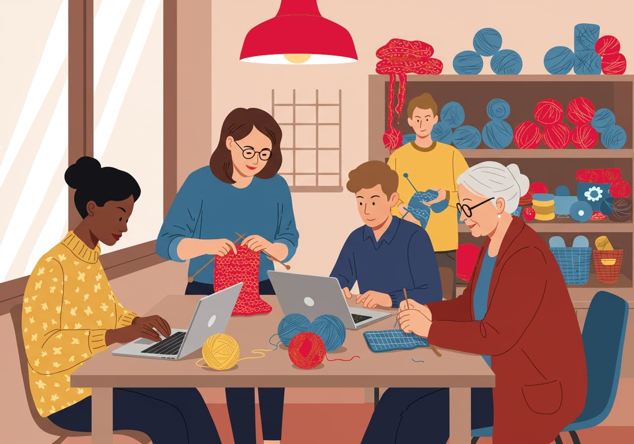 A knitting shop where knitters work in their projects, create designs, translate and sell patterns, surrounded by knitting tools and yarns.